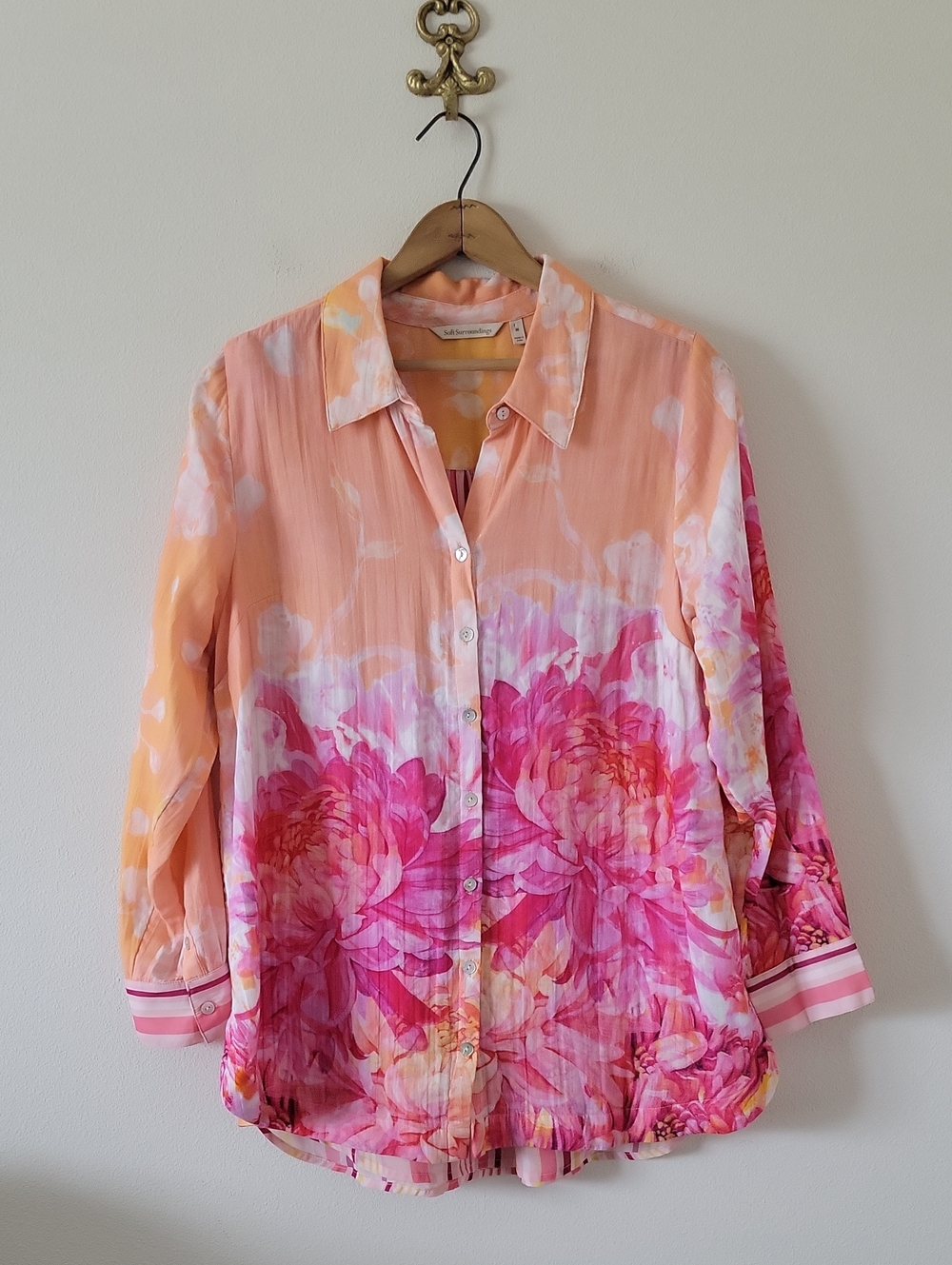 Soft Surroundings Pink Orange Altura Gauze Button Down Shirt Size Medium